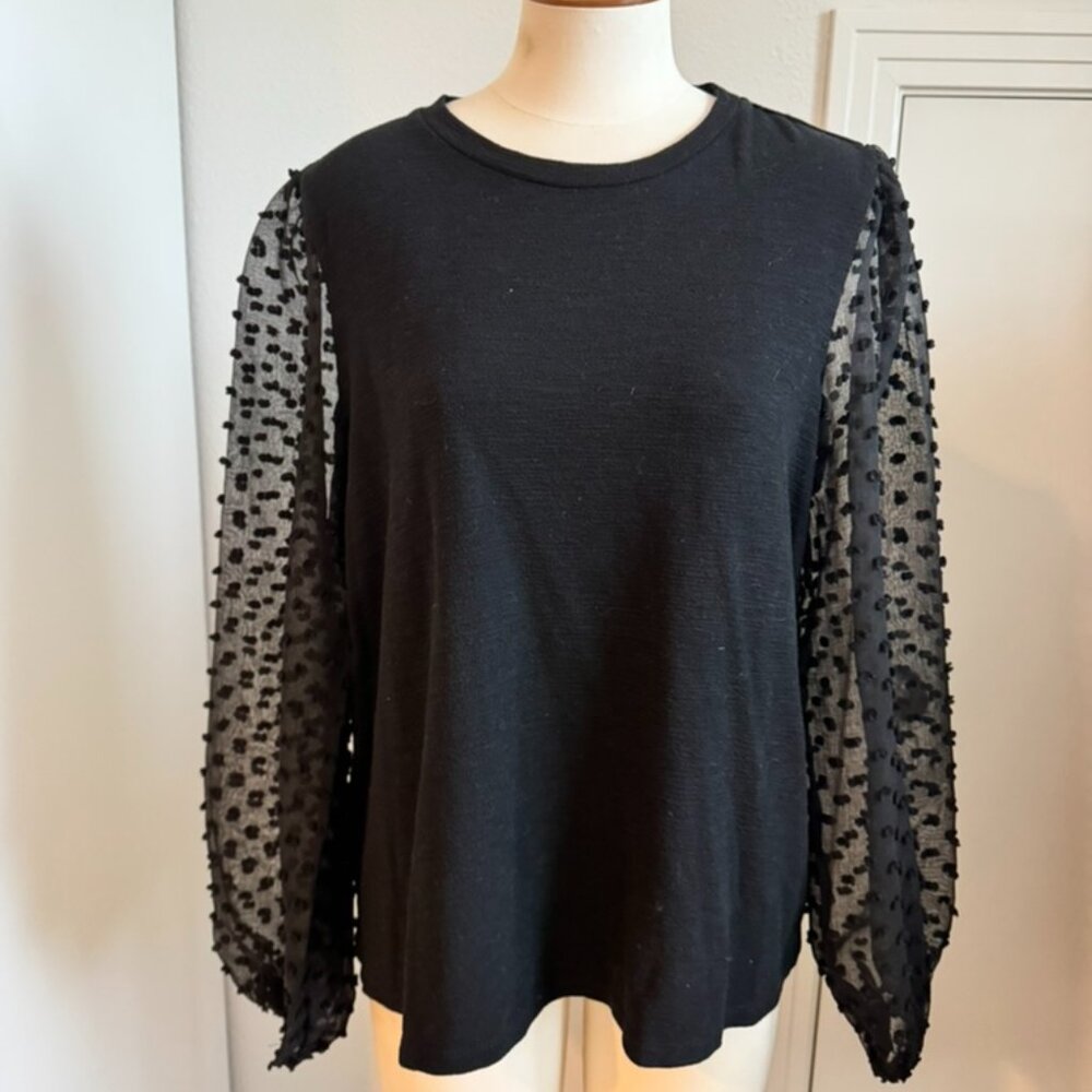 MAEVE Anthropologie black top sheer polka dot sleeves Women's XL shirt